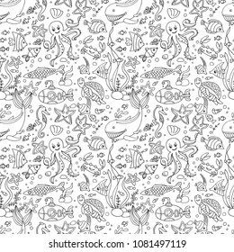 Hand drawn doodle style vector seamless pattern marine inhabitans.