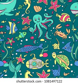 Hand drawn doodle style vector seamless pattern marine inhabitans.
