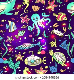 Hand drawn doodle style vector seamless pattern marine inhabitans.