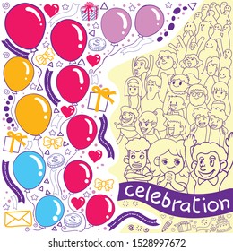Hand drawn doodle style in vector Illustration. A lot of colorful balloons flying in the sky. Group of people celebrate.