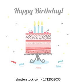 Hand drawn doodle style vector illustration - Happy birthday greeting card. Pink multi-layer holiday cream cake with burning candles. Make a wish
