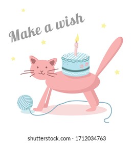 Hand drawn doodle style vector illustration - Happy birthday greeting card. Blue holiday cream cake with burning candle. Cute kitten plays with a ball of thread. Make a wish