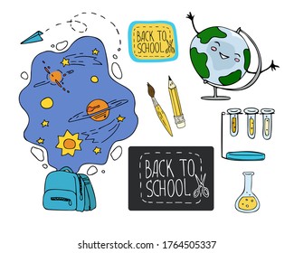 Hand drawn doodle style vector illustration Back to school. Education concept. Design for decorating a card, gift, printing wrapping paper, poster, t-shirt