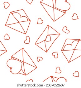 Hand drawn doodle style vector pattern with envelopes and hearts in red.