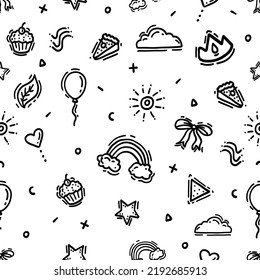 Hand Drawn Doodle Style Vector Seamless Pattern and Texture Design  with different party and cute elements. Printable Wrapping Paper, wallpaper, Notebooks Cover Textile 