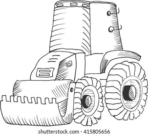 Hand Drawn doodle style Vector Tractor. Big Bulldozer. 