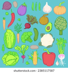 Hand drawn doodle style vegetables set. Tomatoes, cabbage, pea, cucumbers, carrot, eggplant, mushroom etc. Vector illustrations collection isolated on colored background.