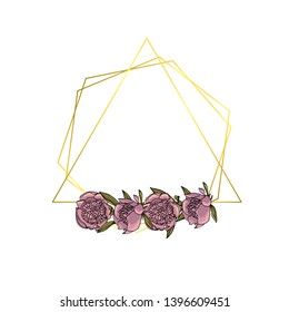 Hand drawn doodle style violet peony flower wreath with polygonal garland, vintage geometric frame, floral design element. isolated on white background. stock vector illustration