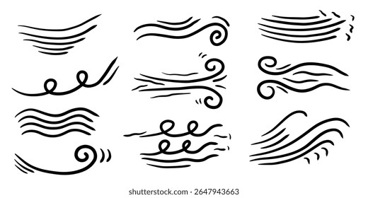 Desenhado à mão estilo doodle giros de vento e linhas de fluxo de ar ilustração de vetor
