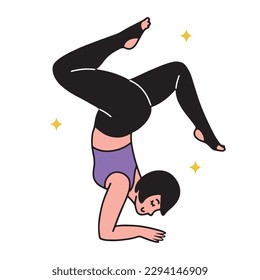 Hand drawn doodle style woman doing a hand stand balance pose, exercising and training. Isolated vector illustration