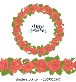 Hand drawn doodle style wreath and seamless brush with pink roses. vintage floral design element. isolated on white background. vector illustration.