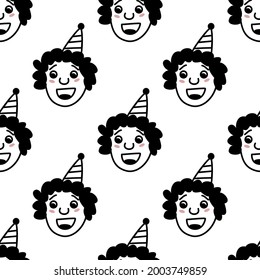 Joven hombre feliz con estilo de doodle dibujado a mano enfrenta antecedentes. Patrón transparente de vector blanco y negro.