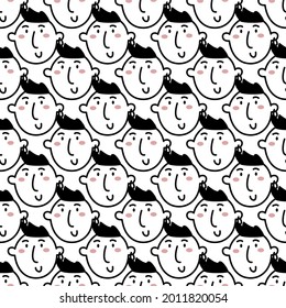 Hand drawn doodle style young man face. Trendy black and white vector illustration.