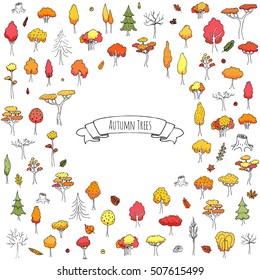 Hand drawn doodle stylized autumn tree collection. Vector tree silhouette isolated on white background. Leaves different size and forms. Forest icons. Eco concept. Nature Orange red yellow collection