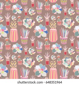 Hand drawn doodle succulents and cactus seamless pattern. Repeatable background for textile and wallpaper.