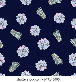 Hand drawn doodle succulents seamless pattern. Repeatable background for textile and wallpaper.