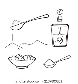 hand drawn doodle sugar cube and spoon illustration icon collection