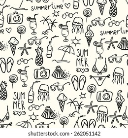 hand drawn doodle summer icons, seamless pattern, outlines, black and white, little objects arranged compactly