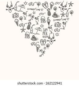 hand drawn doodle summer icons, outlines, black and white, little objects arranged compactly in triangle shape, summer background with empty text for your text here