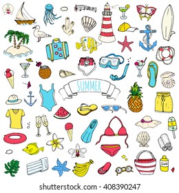 Hand drawn doodle summer icons set. Vector illustration Sketchy holiday elements collection Isolated vacation objects Cartoon beach journey symbols Summertime traveling background Tropical island 
