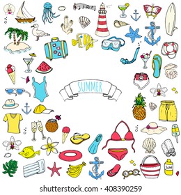 Hand drawn doodle summer icons set. Vector illustration Sketchy holiday elements collection Isolated vacation objects Cartoon beach journey symbols Summertime traveling background Tropical island 