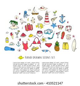 Hand drawn doodle summer icons set. Vector illustration Sketchy holiday elements collection Isolated vacation objects Cartoon beach journey symbols Summertime traveling background Tropical island 