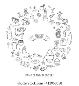 Hand drawn doodle summer icons set. Vector illustration Sketchy holiday elements collection Isolated vacation objects Cartoon beach journey symbols Summertime traveling background Tropical island 