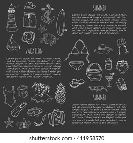 Hand drawn doodle summer icons set. Vector illustration Sketchy holiday elements collection Isolated vacation objects Cartoon beach journey symbols Summertime traveling background Tropical island 