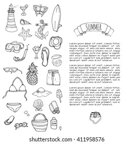 Hand drawn doodle summer icons set. Vector illustration Sketchy holiday elements collection Isolated vacation objects Cartoon beach journey symbols Summertime traveling background Tropical island 