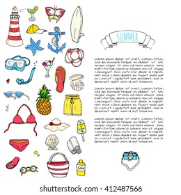 Hand drawn doodle summer icons set. Vector illustration Sketchy holiday elements collection Isolated vacation objects Cartoon beach journey symbols Summertime traveling background Tropical island 
