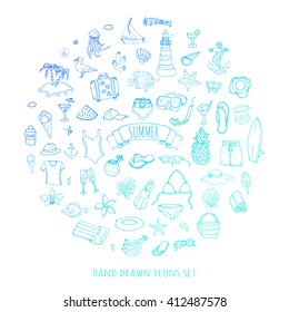 Hand drawn doodle summer icons set. Vector illustration Sketchy holiday elements collection Isolated vacation objects Cartoon beach journey symbols Summertime traveling background Tropical island 