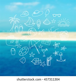 Hand drawn doodle summer icons set. Vector illustration Sketchy holiday elements collection Isolated vacation objects Cartoon beach journey symbols Summertime traveling background Tropical island