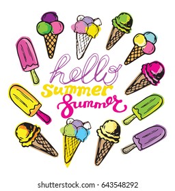 Hand drawn doodle summer illustration with ice cream
