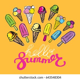 Hand drawn doodle summer illustration with ice cream