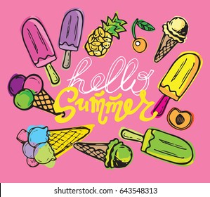 Hand drawn doodle summer illustration with ice cream