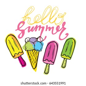 Hand drawn doodle summer illustration with ice cream