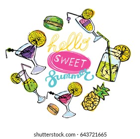 Hand drawn doodle summer illustration with ice cream and cocktail