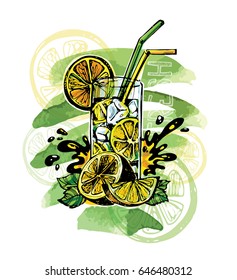 Hand drawn doodle summer illustration with lemonade. Summer drink
