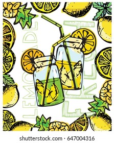 Hand drawn doodle summer illustration with lemonade. Summer lemonade. Cocktail.