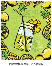 Hand drawn doodle summer illustration with lemonade. Summer lemonade. Cocktail.