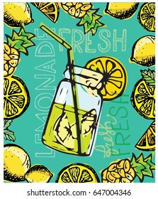 Hand drawn doodle summer illustration with lemonade. Summer lemonade. Cocktail.