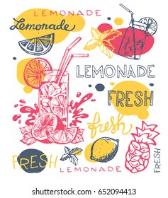 Hand drawn doodle summer illustration with lemonade. Summer drink