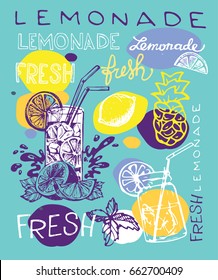 Hand drawn doodle summer illustration with lemonade. Summer drink