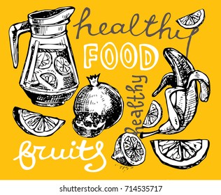 Hand drawn doodle summer illustration with lemonade. Summer drink. Garnet and banana.