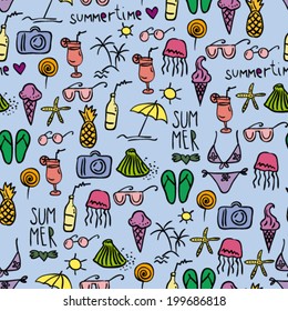 hand drawn doodle summer objects colorful seamless pattern