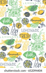 Hand drawn doodle summer pattern with lemonade. Summer drink background
