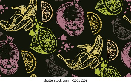 Hand drawn doodle summer pattern with lemonade. Summer drink. Garnet and banana.