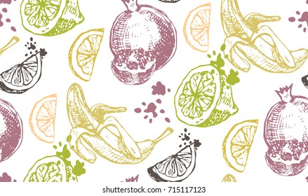 Hand drawn doodle summer pattern with lemon. Garnet and banana.