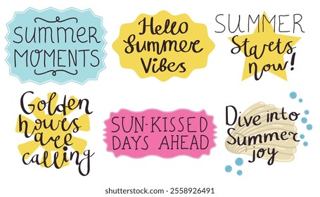 Hand drawn doodle summer season lettering. Summertime badges or stickers collection.