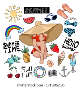Hand drawn doodle summer set on white background. Girl in a straw hat. Stickers, decoration, templates for decoration. Swimsuit, strawberries, sun, ice cream, summer attributes. Vector illustration.